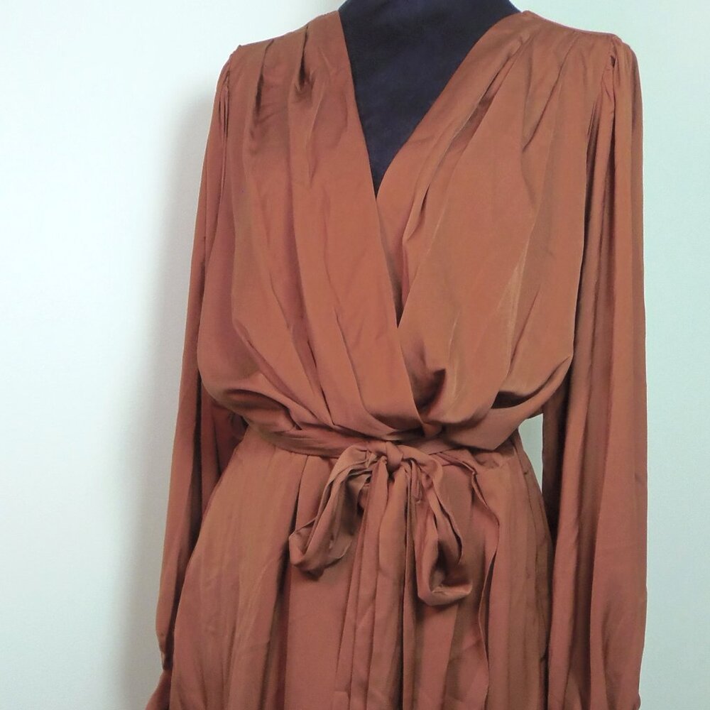 City Chic Opulent Faux Wrap Dress Hi Low Hem Brown SZ S/6 Office Lagenlook
